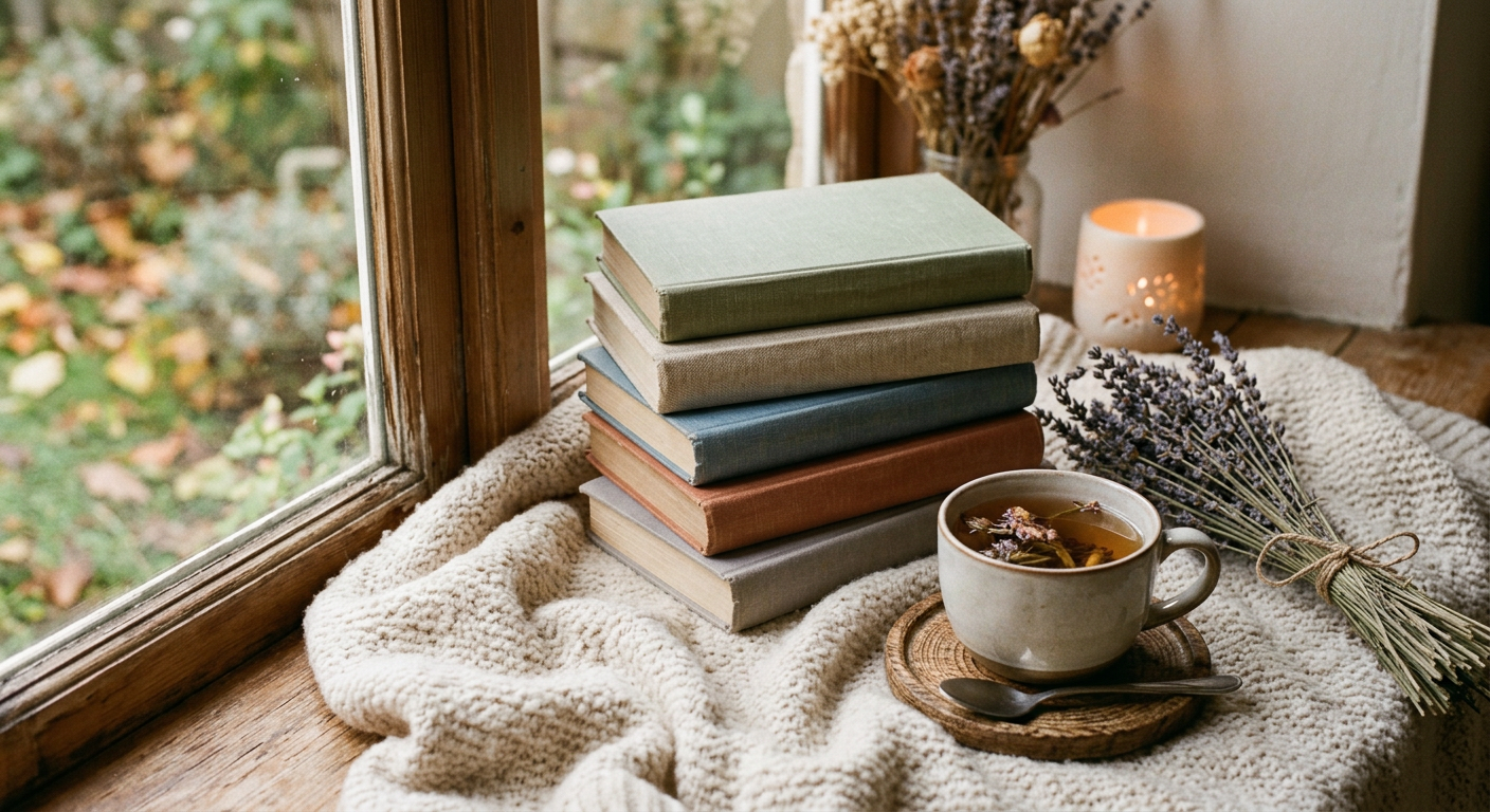 A stack of healing books on a soft blanket beside a cup of tea — best inner child healing books