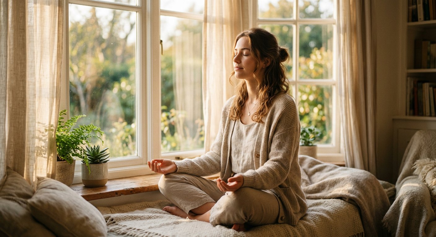 Woman sitting peacefully in soft morning light — signs of inner child healing