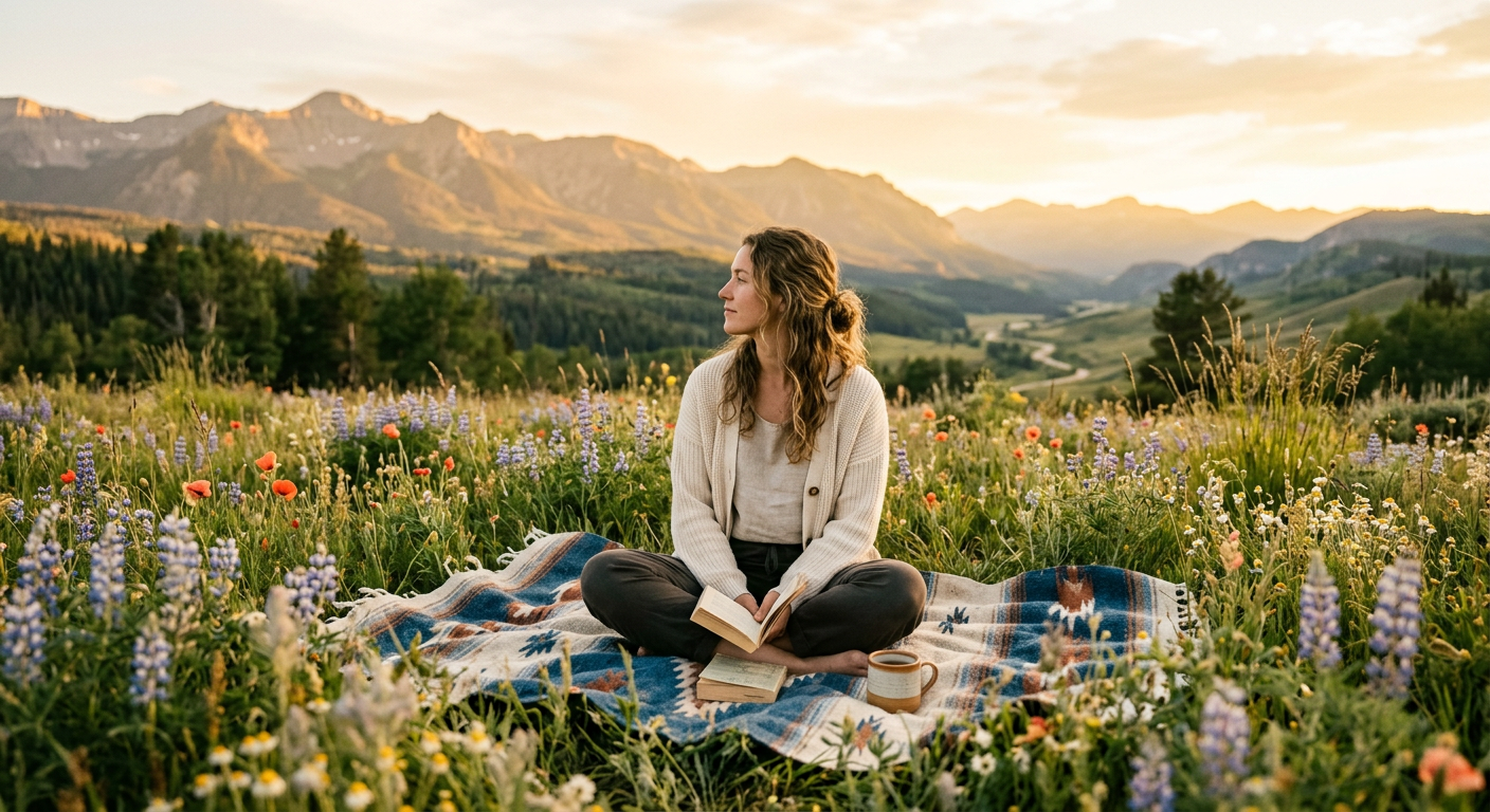 A serene outdoor retreat scene at golden hour — inner child healing retreats
