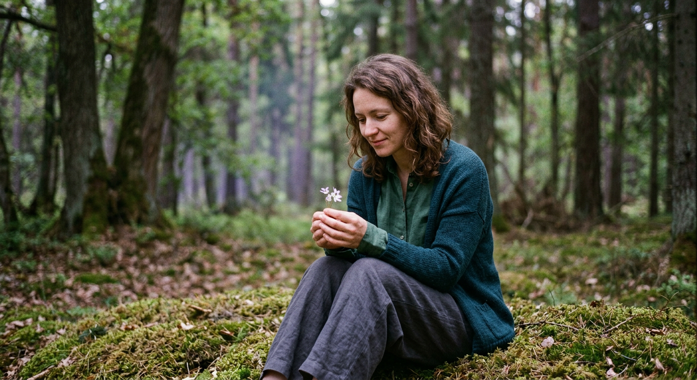 Woman sitting alone in a forest holding a small wildflower — inner child wounds and healing